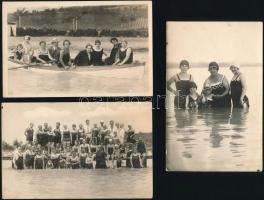 cca 1920 Fürdőző társaság, Brasso feliratú csónakban, 3 db vintage fotó, 8,7x13,8 cm