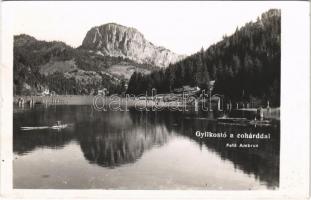 1941 Gyergyószentmiklós, Gheorgheni; Gyilkos-tó a Cohárddal / Lacul Rosu (Ghilcos) / lake, mountain. Ambrus photo (EK)