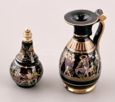 2 db aranyozott porcelán görög dísztárgy. kiöntő és parfümös üveg. 10 cm, 8 cm