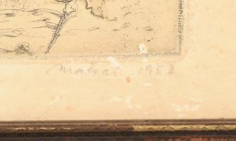 Mácsai István (1922-2005): Budapesti látkép, 1953. Színezett rézkarc, papír, jelzett, sérült, foltos...