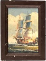 Jelzés nélkül: Vitorlás. Olaj, vászon, sérült fa keretben, 12,5×8 cm