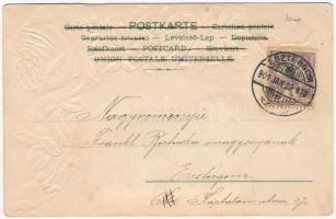 1901 Art Nouveau floral Emb. litho greeting card with photo of a lady glued on the postcard (EB)