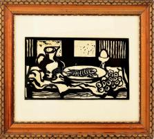 D. Gy jelzéssel: Halas csendélet. Linómetszet, papír, kasírozva, számozott 1/1: Kissé sérült üvegeze...