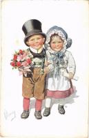1918 Children art postcard with romantic couple. B.K.W.I. 482-3. s: K. Feiertag (EK)