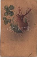 1910 Boldog Újévet! / New Year greeting art postcard with deer and clovers. Emb. litho (EK)