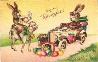 1938 Húsvéti üdvözlet / Easter greeting card with rabbits, automobile, eggs and sheep. Amag 2571. (EK)