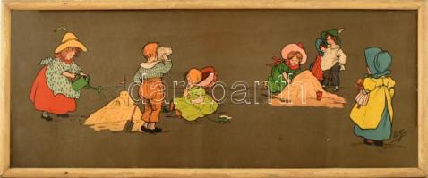 E.G. (Grace?) jelzéssel: Játszó gyerekek. Színes litográfia, papír, jelzett a litográfián nyomtatva....