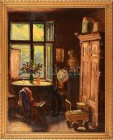 Joachim József (1897-1954): Enteriőr virágokkal. Olaj, karton, jelzés nélkül, hátoldalán feliratozot...