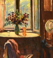 Joachim József (1897-1954): Enteriőr virágokkal. Olaj, karton, jelzés nélkül, hátoldalán feliratozot...