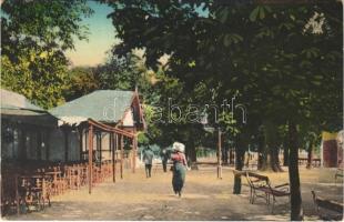 1914 Brassó, Kronstadt, Brasov; Sétatér a Rezső körúton / Promenade am Rudolfsring / promenade + BRASSÓ - KOLOZSVÁR 474 B vasúti mozgóposta bélyegző (EK)