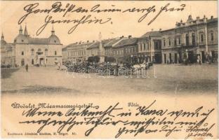 1903 Máramarossziget, Sighetu Marmatiei; Fő tér, Korona szálloda és kávéház, Klein D. üzlete, piac. Kaufmann Ábrahám kiadása / main square, hotel, café, shops, market vendors (gyűrődés / crease)