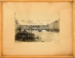 Élesdy István (1912-1987): Ponte Vecchio. Rézkarc, papír, jelzett. Lap jobb szélén szakadással, rézkarc ép. Üvegezett keretben, 22×30 cm