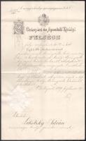 1899 Lehotzky István besztercebányai kir. törvényszéki bírói kinevezése, Plósz Sándor (1846-1925) igazságügyi miniszter (Széll-kormány, 1899-1903) aláírásával, fejléces papíron, szárazpecséttel, okmánybélyeggel.