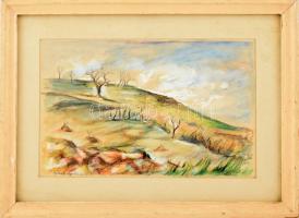 Katymári Krizsán Antal (1916-?): Aggteleki hegyoldal, 1979. Akvarell, ceruza, papír. Jelzett. Üvegezett fa keretben. 22×34 cm