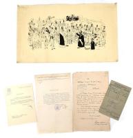 cca 1939 Örökifjak táborozása, borász témájú humoros kollázs, nyomat, felcsavarva, 35×60 cm + 1910-1948 Szőlészeti-borászati iratok, 5 db
