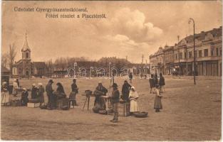 1912 Gyergyószentmiklós, Gheorgheni; Fő tér, piactér, piaci árusok, Málnásy Kristóf üzlete, templom. Burján és Székely kiadása / main square, market vendors, shops, church (EK)