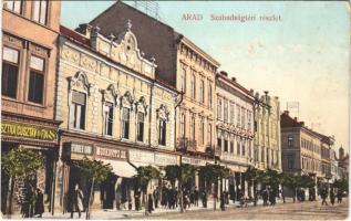 Arad, Szabadság tér, Moskovitz Zs., Pichler Sándor, Domán üzlete. Pichler Sándor saját kiadása / street view, shops (fl)