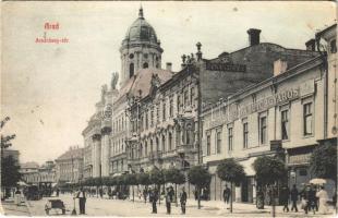1910 Arad, Andrássy tér, Steigerwald A. bútorgyáros, Hegedüs, Geller üzlete / square, street view, shops (fl)