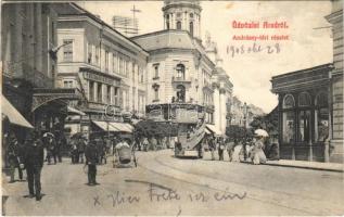 1908 Arad, Andrássy tér, autóbusz, Neumann M. üzlete, Fehér Kereszt szálloda. Kerpel Izsó kiadása. Ruhm Ödön felvétele / square, street view, autobus, shops, hotel (EB)