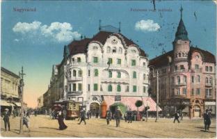 1916 Nagyvárad, Oradea; Fekete Sas nagyszálloda, villamos, Grosz üzlete, Moskovits cipőgyár kioszkja / hotel, tram, shops