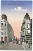 1914 Nagyvárad, Oradea; Rákóczi út, Apolló palota, villamos, Barabás Árpád üzlete / street view, shops, tram