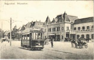 1915 Nagyvárad, Oradea; Pályaudvar, vasútállomás, villamos / railway station, tram