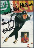 Hunyady Emese (1966-) olimpiai, világ- és Európa-bajnok gyorskorcsolyázó aláírása kartonlapon, rajta a fotójával, hátulján a német nyelvű információkkal