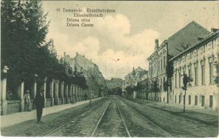1909 Temesvár, Timisoara; Erzsébetváros, Dózsa utca, villamospálya. Photobromüra / Elisabetstadt, Dózsa Gasse / street view, tramway