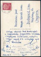 A magyar női kézilabda válogatott tagjainak aláírásai az 1956. évi VB-ről képeslapon, közte: Furman Lászlóné, Teleki Hilda, Bödő Edit stb.