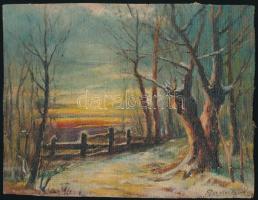 Olvashatatlan jelzéssel: Téli naplemente. Olaj, vászon, széleinél vágott. 18x23 cm