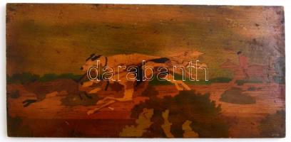 Fa kép rókát vadászó kutyákkal, festett-lakkozott, jelzés nélkül, 15,5x32 cm