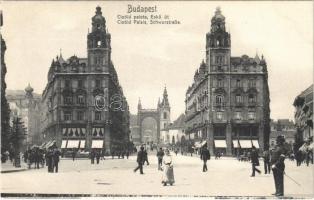 Budapest V. Eskü út, Klotild paloták, üzletek, csendőr. Photobrom No. 52.