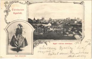 1902 Eger, látkép, egri menyecske, magyar folklór. Art Nouveau, floral (EK)