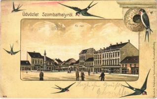 1904 Szombathely, Fő tér, üzletek. Dombornyomott művészlap fecskékkel. Steiner Testvérek kiadása. Art Nouveau, Emb. litho (fa)