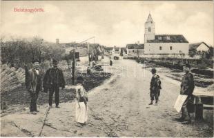 Balatongyörök, utca, gémes kút, templom. Mérei Ignác kiadása, Balaton írásban és képben című könyvében