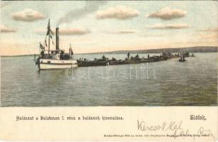1902 Siófok, Halászat a Balatonon I. rész, halászok kivonulása. Ellinger Ede fényképész kiadása (EK)