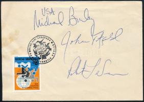 Az 1969. évi Öttusa Világbajnokság versenyzőinek aláírása borítékon, közte: Balczó András, Bakó Pál,...