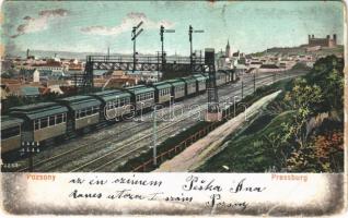 1906 Pozsony, Pressburg, Bratislava; vasútállomás, vonatok / railway station, trains (szakadás / tear)