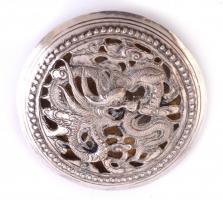 Ezüst (Ag) sárkányos kitűző. Jelzett, áttört. 14,5 g, d: 45 mm