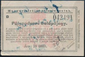 1928 Magyar Kir. Államvasutak pályaudvari belépőjegye váróhelyiségben való tartózkodásra, hátoldalán életem legboldogtalanabb napja felirattal
