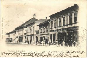 1903 Zólyom, Zvolen; Fő tér, Alexics MIklós, Schvarcz B., Löwy Testvérek üzlete, Zólyom és vidéke vállalata és saját kiadása, takarékpénztár / square, shops, savings bank (EK)