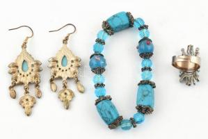 Bizsu türkiz színű tétel: gyűrű, karkötő, fülbevaló pár