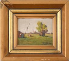 Hárencz János (1899-1969): Faluvége gémeskúttal. Olaj, karton, jelzett. Sérült fa keretben, 7×8,5 cm