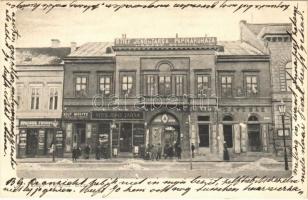1907 Kolozsvár, Cluj; Deák Ferenc utca, Spácsek ferenc, Hilf Móritz üzlete, Grand Kávéház, Stief Jenő és Társa papíráruháza, saját nyomdája és saját kiadása / street, shops, cafe