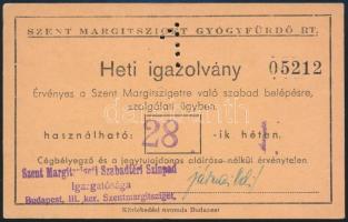 1935 Heti igazolvány Szent Margitszigetre való belépésre szolgálati ügyben, mely félárú Palatinus strandi jegy vásárlására is jogosít