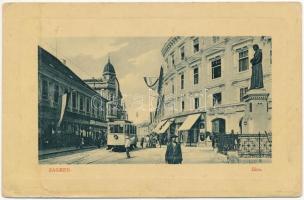 Zagreb, Zágráb; Ilica / street view, tram, shop of Armin Schreiner, Isidor Strassberger. W. L. Bp. 7465. (ázott / wet damage)