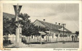 1944 Doroszló, Doroslovo; Községháza, Országzászló / town hall, Hungarian flag + M. KIR. MOZGÓPOSTA 345 vasúti mozgóposta bélyegző (EB)