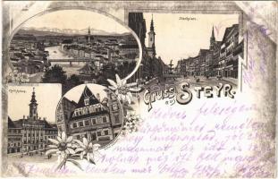 Steyr, Stadtplatz, Rathaus, Hotel z. Löwen / general view, bridge, square, town hall, hotel. Ottmar Zieher Art Nouveau, floral, litho (EB)
