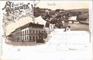 1899 Waidhofen an der Thaya, Thayatal, Landes-Real-Gymnasium / general view, grammar school, bridge. Wilh. Schütz Kunstanstalt No. 1534. Art Nouveau, floral, litho