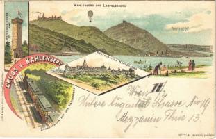 1898 Wien, Vienna, Bécs; Kahlenberg und Leopoldberg, Restauration Kahlenberg, Zahnradbahn auf den Kahlenberg, Stephanie-Warte / mountains, restaurant, lookout tower, cogwheel railway. Lith. & Verlag Henri Schlumpf No. 714. Art Nouveau, litho (EK)